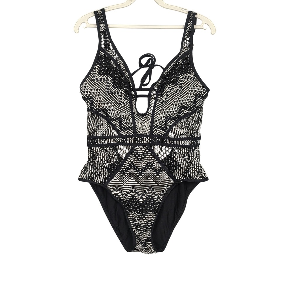 BECCA‎ Swimsuit Women Small Black White Crochet Plunge One Piece Geometric Knit